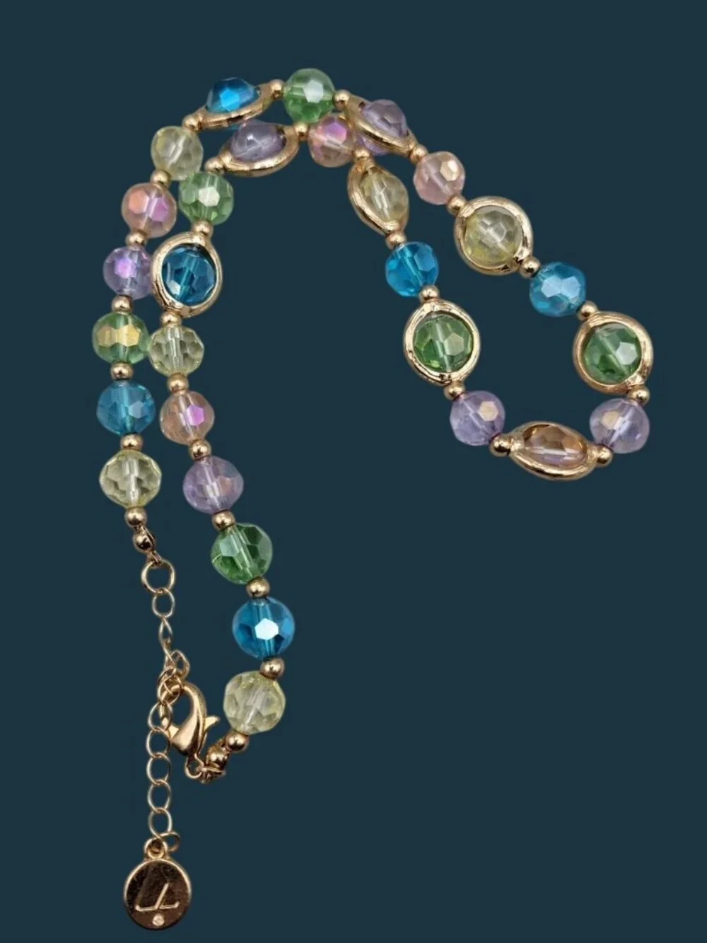 VTG Liz Claiborne Multi Color Crystal Station Necklace Gold Tone Est 1976 19